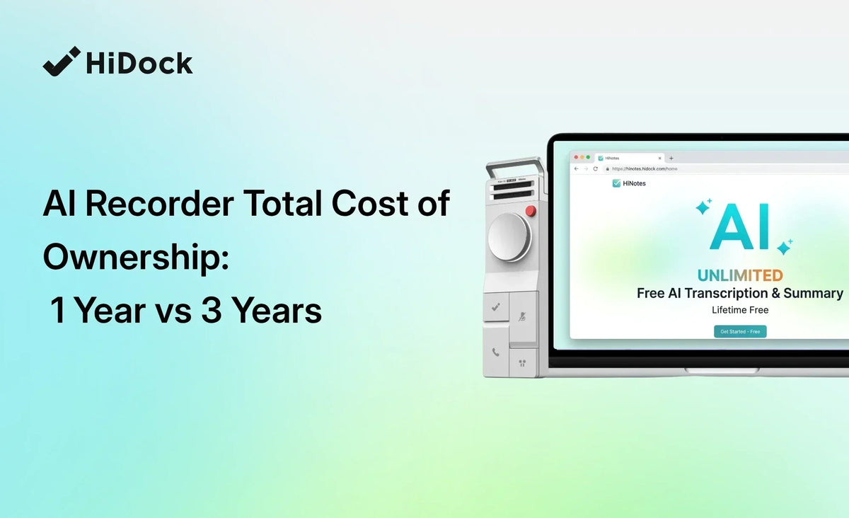 AI recorder total cost of ownership comparison showing HiDock recorder and unlimited free transcription on HiNotes.