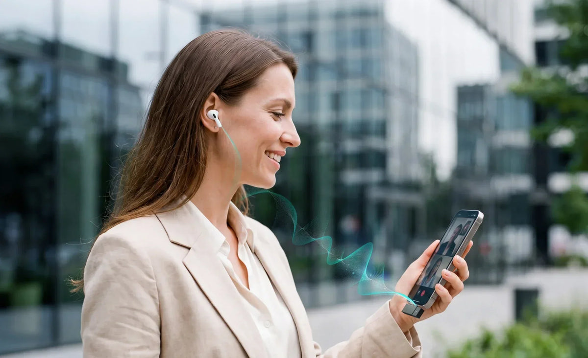 A professional records an iPhone call with Bluetooth earphones