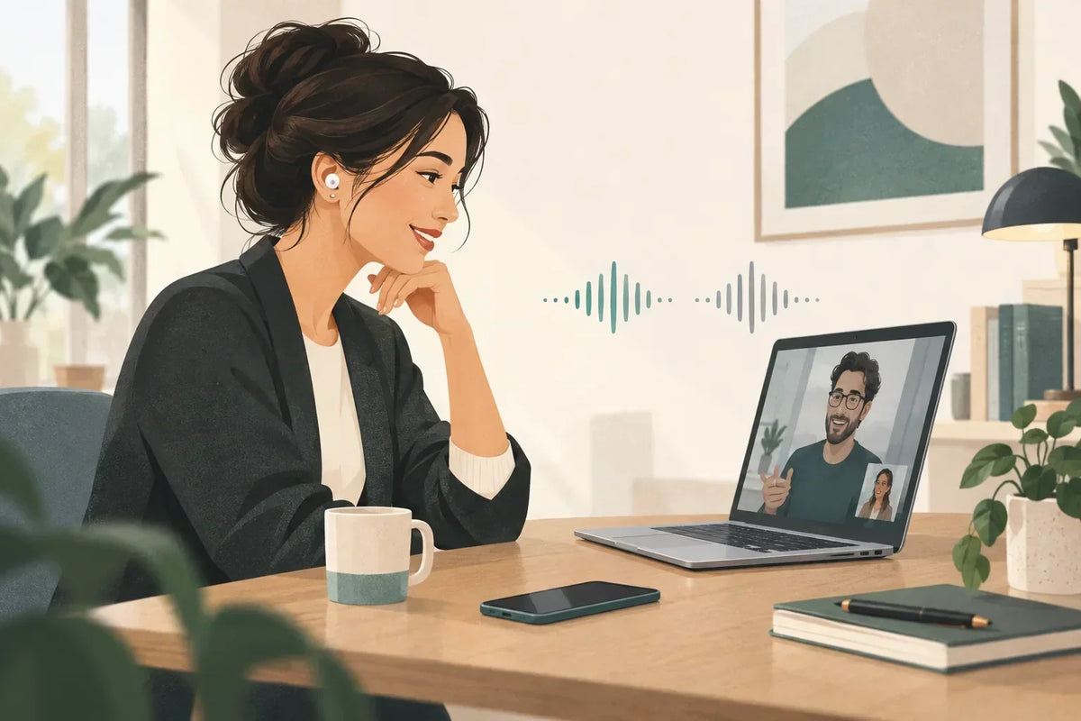 Illustration of a woman wearing wireless earbuds during a laptop video call, with a smartphone on her desk and two voice waveforms.
