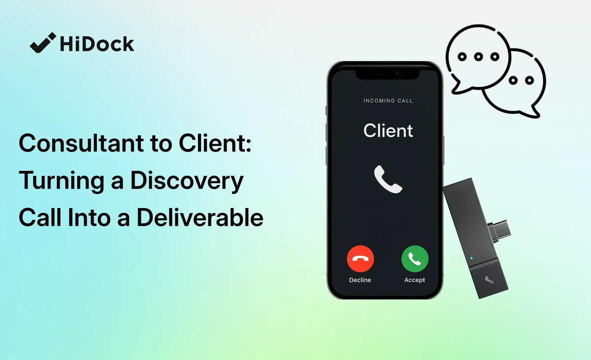 HiDock P1 mini capturing an incoming client call for a discovery call deliverable