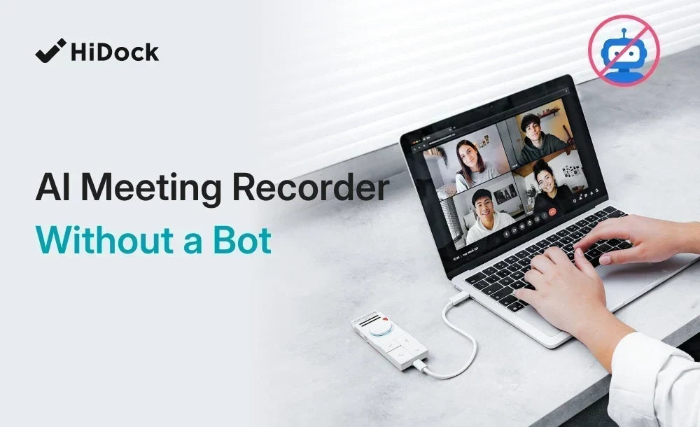 AI meeting recorder connected to a laptop during a video call.