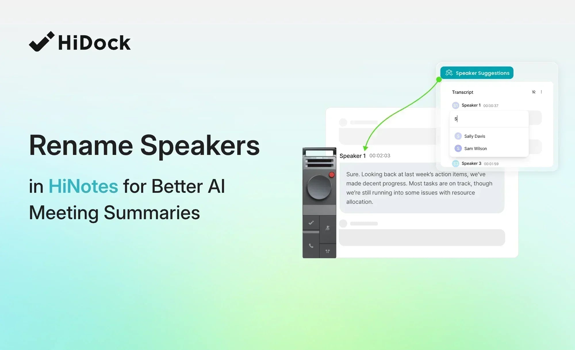 HiNotes speaker renaming feature for improving AI meeting summaries from HiDock recordings