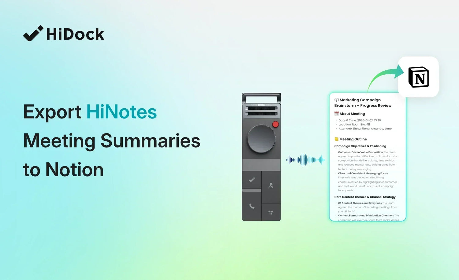 HiDock P1 AI voice recorder exporting HiNotes meeting summaries to Notion for organized AI meeting notes